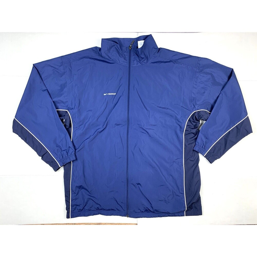 Reebok Jacket Mens XXL Blue Full Zip Windbreaker High Neck Zipped Pockets Lined